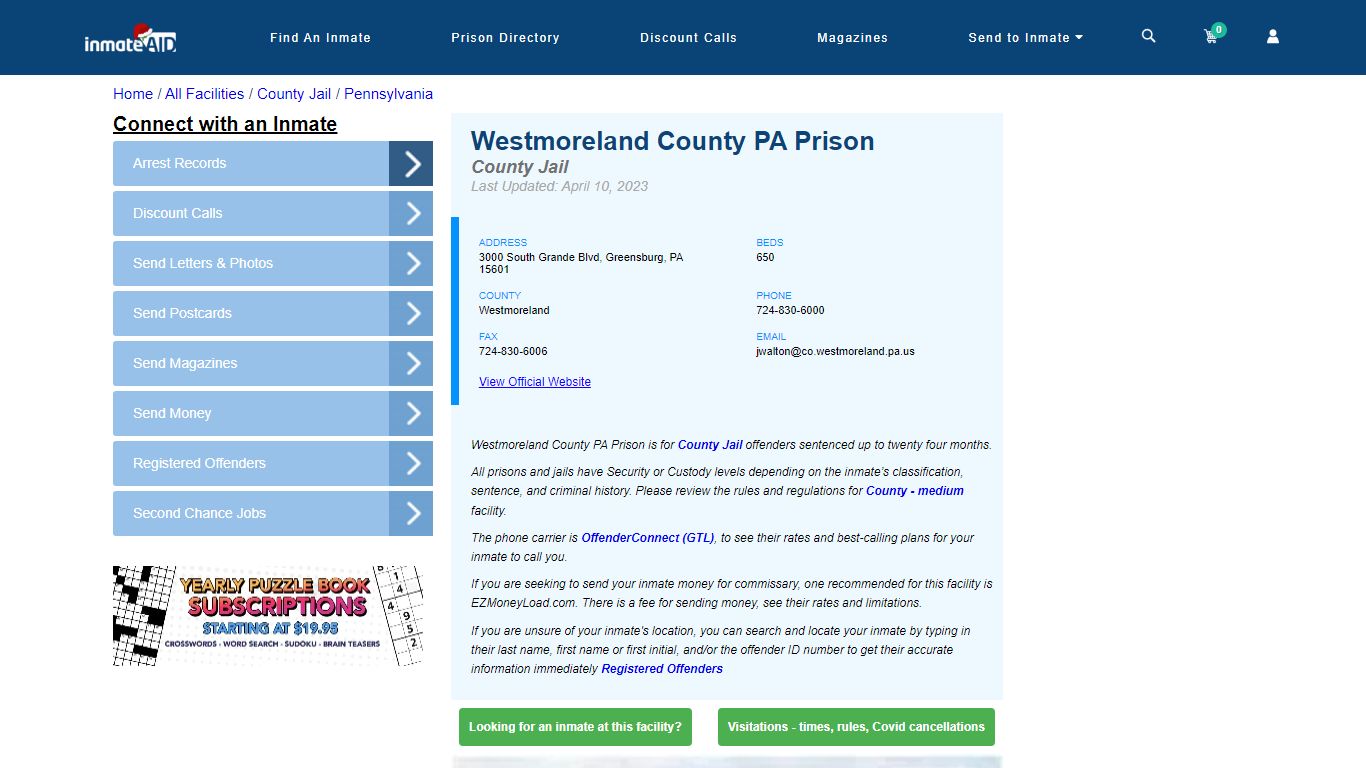 Westmoreland County PA Prison - Inmate Locator - Greensburg, PA